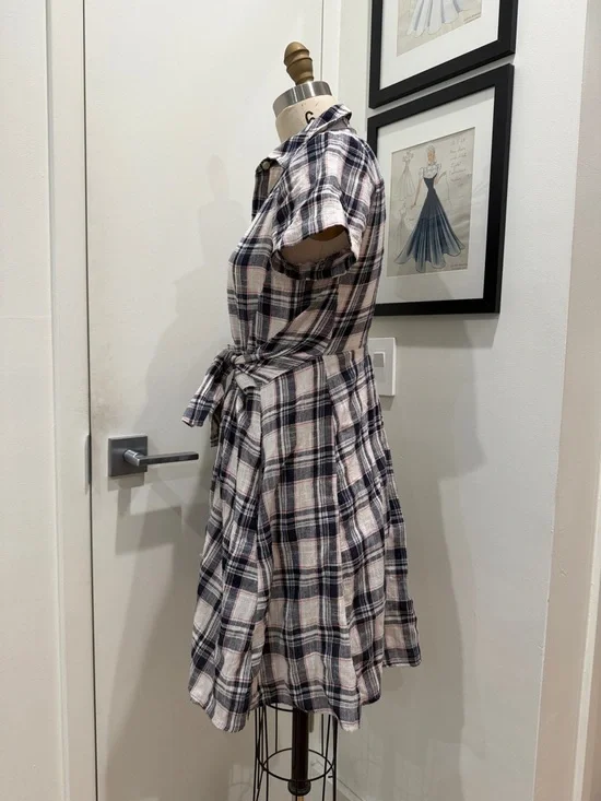 Plaid Button-Front Tie-Waist Shirt Dress - Navy & Cream - Picture 4 of 5